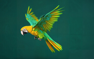 Colorful Macaw Flying with Wings Spread on Green Background