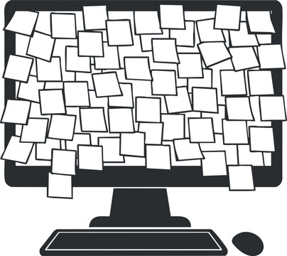 A cluttered computer desktop filled with sticky notes representing disorganization and busy work life.