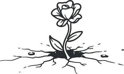 A delicate rose growing through a crack in the ground symbolizing resilience and hope.