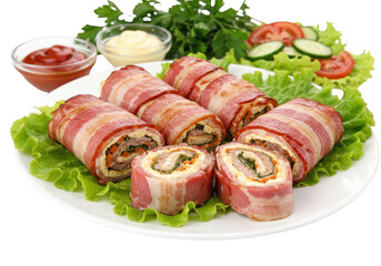 Bacon wrapped rolls on a white plate with lettuce tomato cucumber and two bowls of different types of dipping sauce on transparent background