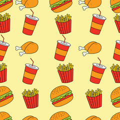 Seamless background featuring burgers fries drinks and chicken pieces in bright yellow tones perfect for fast food packaging restaurant wallpapers and creative food themes