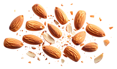 Top view of whole almonds and broken pieces in mid-air, with tiny crumbs scattered around