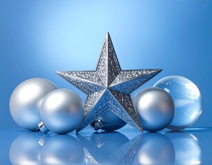 Christmas ornaments with a silver star and glass balls against a blue background
