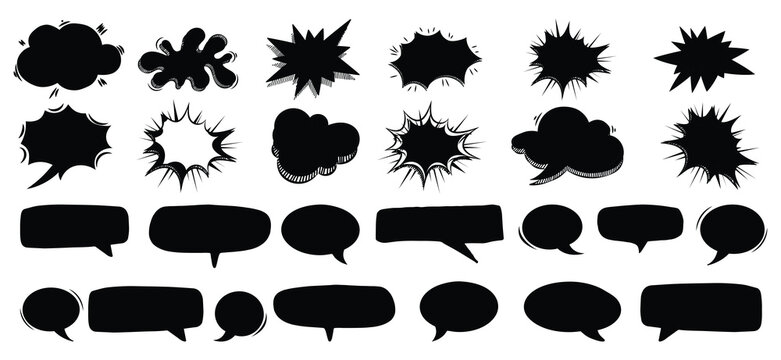 Comic burst, speech bubble, and text box silhouettes in vector style. essential graphic elements set for comic design, pop art, dialog highlights, and creative retro style