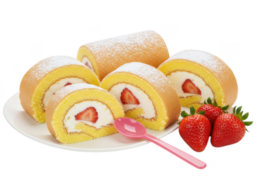 A plate of sliced strawberry roll cakes with white cream and fresh strawberries and a pink spoon nearby on transparent background - Powered by Adobe
