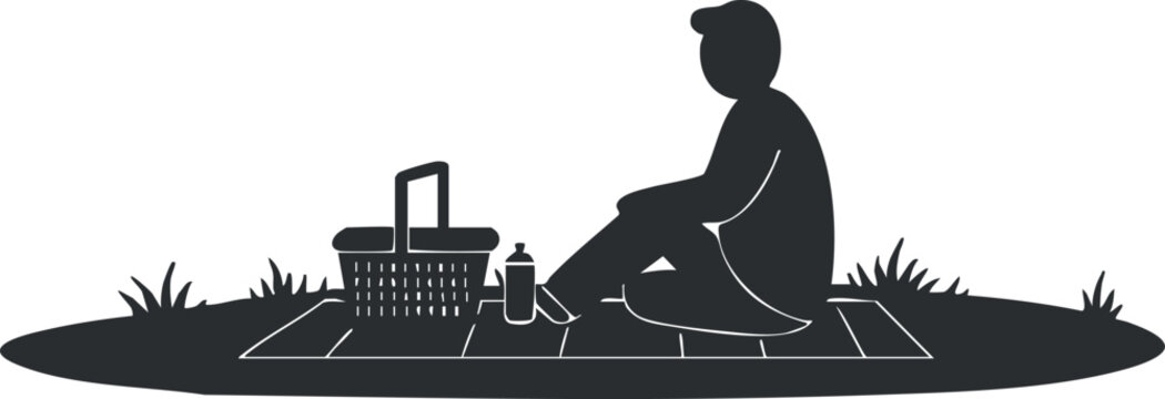 picnic scene: person, basket, blanket, grass clip art preview