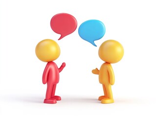 Two 3d figures in conversation with speech bubbles isolated on white background