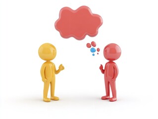 Two 3d figures in conversation with a red speech bubble isolated on white background, exchanging ideas and thoughts