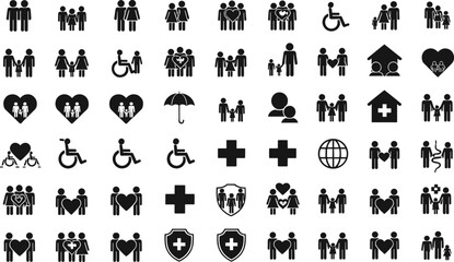 Comprehensive social care and family icon vector set, black silhouette for people, health, disability, and relationship symbols, inclusive community support graphic elements, global communication.