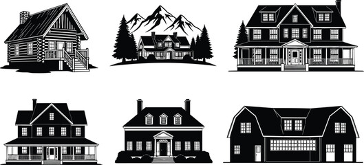 Diverse black house silhouettes vector collection, traditional log cabin, colonial, mountain landscape homes, real estate architectural illustration set, classic and vacation property symbols