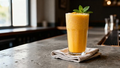Fresh mango smoothie in glass on bar counter