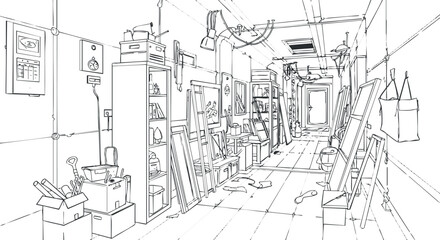 Obraz premium A detailed sketch of a hallway filled with art supplies and storage items in an art studio.