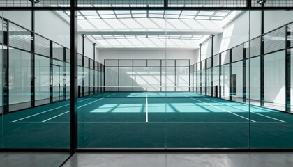 Modern indoor padel tennis court with sunlight