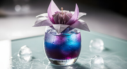 Exotic cocktail with origami flower and vibrant gradient of blue purple