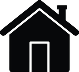 Simple black house icon with chimney and door, basic home property silhouette symbol, minimal residential architecture vector graphic, real estate website button, building shape element, mortgage.