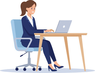 Happy corporate executive woman working on her laptop computer at office desk, successful female employee focused on remote business task, professional manager typing, modern workplace productivity.
