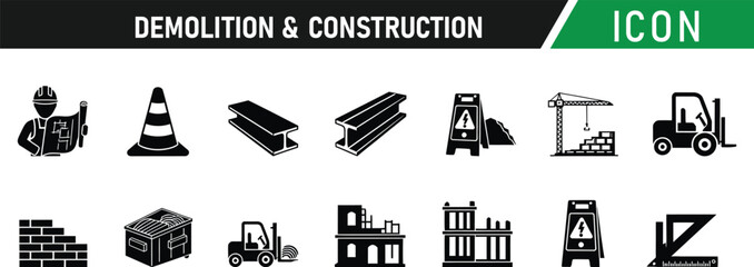 Demolition and construction icon set. Including Wrecking Ball, Hard Hat, Crane, Excavator, Dust Cloud, Sledgehammer, Bulldozer, Rubble, Safety Cone, Demolition Sign. Vector silhouette illustration