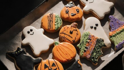 Obraz premium Festive Halloween Cookies - Ghosts, Pumpkins, and Spooky Treats.