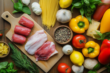 Fresh cooking ingredients on a wooden table