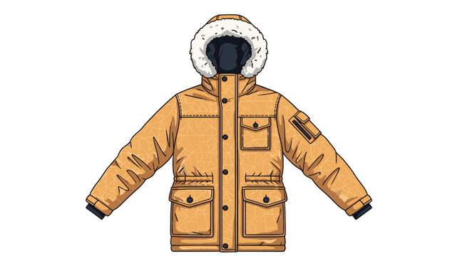 Warm yellow winter parka with a fur-lined hood and multiple functional pockets, illustrated in a clean, isolated style.