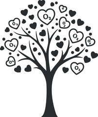 A stylized tree design with heart shapes representing love and oxygen symbolizing nature.