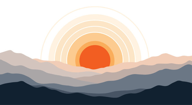 Minimalist mountain landscape depicting a vibrant orange sun rising or setting above layered peaks, with a gradient sky.