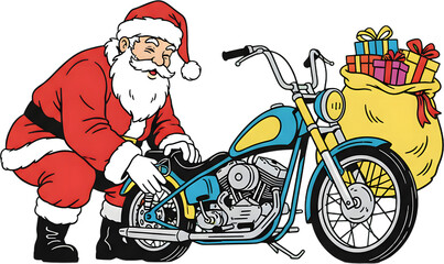 Santa Claus Prepares a Motorcycle for Christmas Delivery, Featuring Presents and a Festive Scene