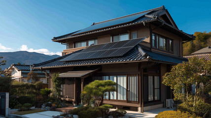 日本家屋の屋根に設置された太陽光パネルの情景描写
