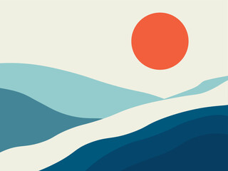 Stylized landscape with sun rising or setting over rolling hills