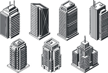 Fototapeta premium A collection of various modern skyscraper designs illustrated in a detailed vector style.