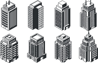 A collection of monochrome vector illustrations of various modern skyscrapers and buildings.