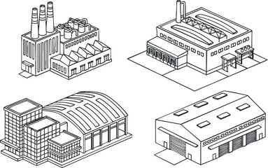Collection of industrial buildings including factories warehouses and power plants in line art style © vadymstock
