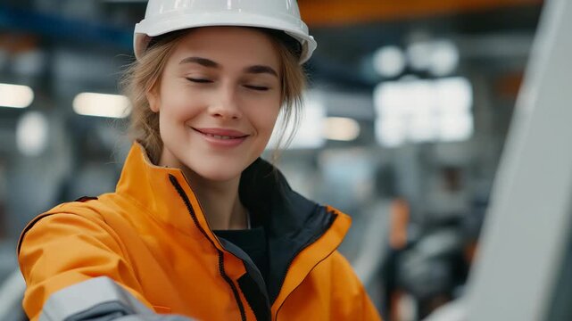 Engineer operating robotic inspection unit ensuring worker safety in manufacturing line, emotion of trust visible, representing automation in safety systems, robotics, and workplace innovation.