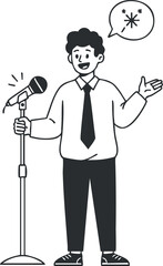 A confident speaker engaging the audience with a microphone in a formal setting.