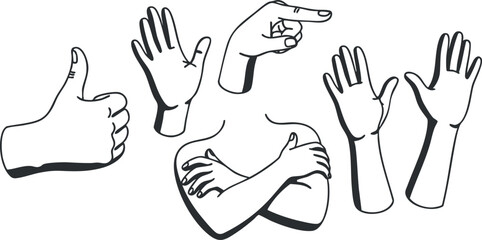 Fototapeta premium Illustration of various hand gestures including thumbs up and pointing in a creative style.