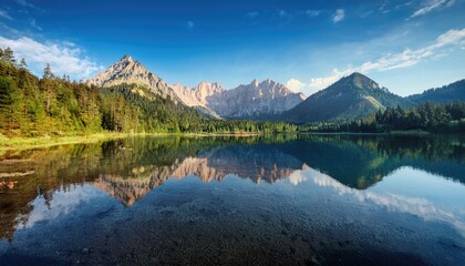 Fototapeta premium Serene mountain range reflected in crystal clear lake, showcasing nature beauty 