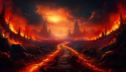 apocalyptic inferno underworld landscape with road to hell life after death religious concept