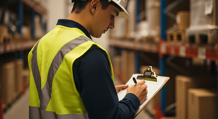 Focused warehouse worker in safety vest meticulously documenting inventory on clipboard, ensuring operational efficiency and precision in logistics