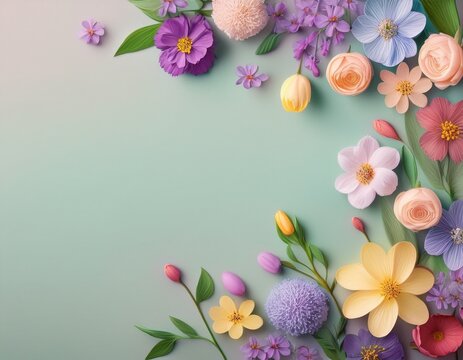 spring flowers on pastel background flat lay copy space generative ai