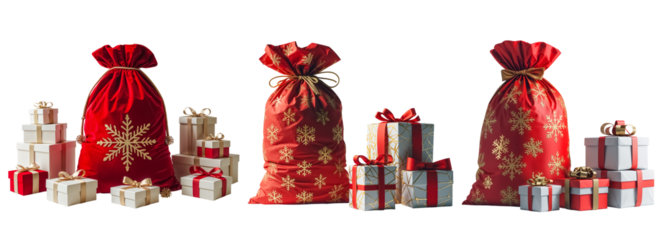 Bag with gift boxes with bows isolated on transparent background