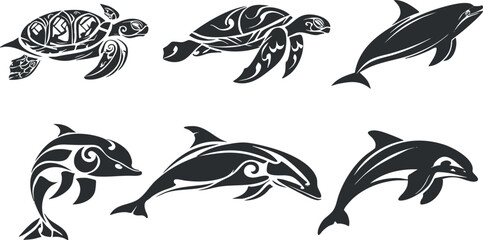Obraz premium Stylized black and white illustrations of turtles and dolphins showcasing marine life artistry.