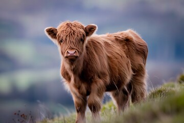 Fototapeta premium A Charming Highland Cow Calf Posing in a Lush Green Field