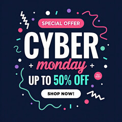 This vibrant graphic prominently promotes an exclusive cyber monday special offer. Customers can shop now to enjoy significant savings up to fifty percent off.
