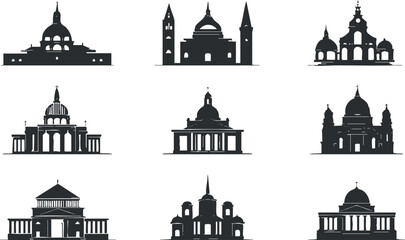A collection of iconic architectural silhouettes showcasing famous landmarks and structures in black.