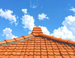 Orange roof tiles against a blue sky with clouds in a sunny day