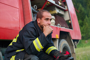 Fototapeta premium Thoughtful Firefighter in Uniform Sits on Firetruck, Contemplating Rescue Operations, Emergency Services, Fire Safety, Training, and Community Support, Surrounded by Nature