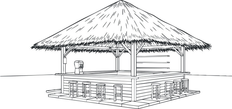 Illustration of a tropical building structure with a thatched roof and open floor plan.