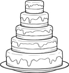 5 layer cake drawing. It is a black and white outline of a five-layer cake or tiered dessert, presenting a simple, minimal design. Vector sketch line art draw