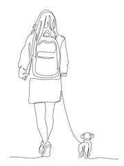 Woman with backpack and dog dachshund puppy walking away. Back view. Continuous line drawing. Black and white vector illustration in line art style.