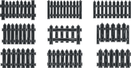 Collection of various black wooden picket fences designed for gardens and outdoor spaces.